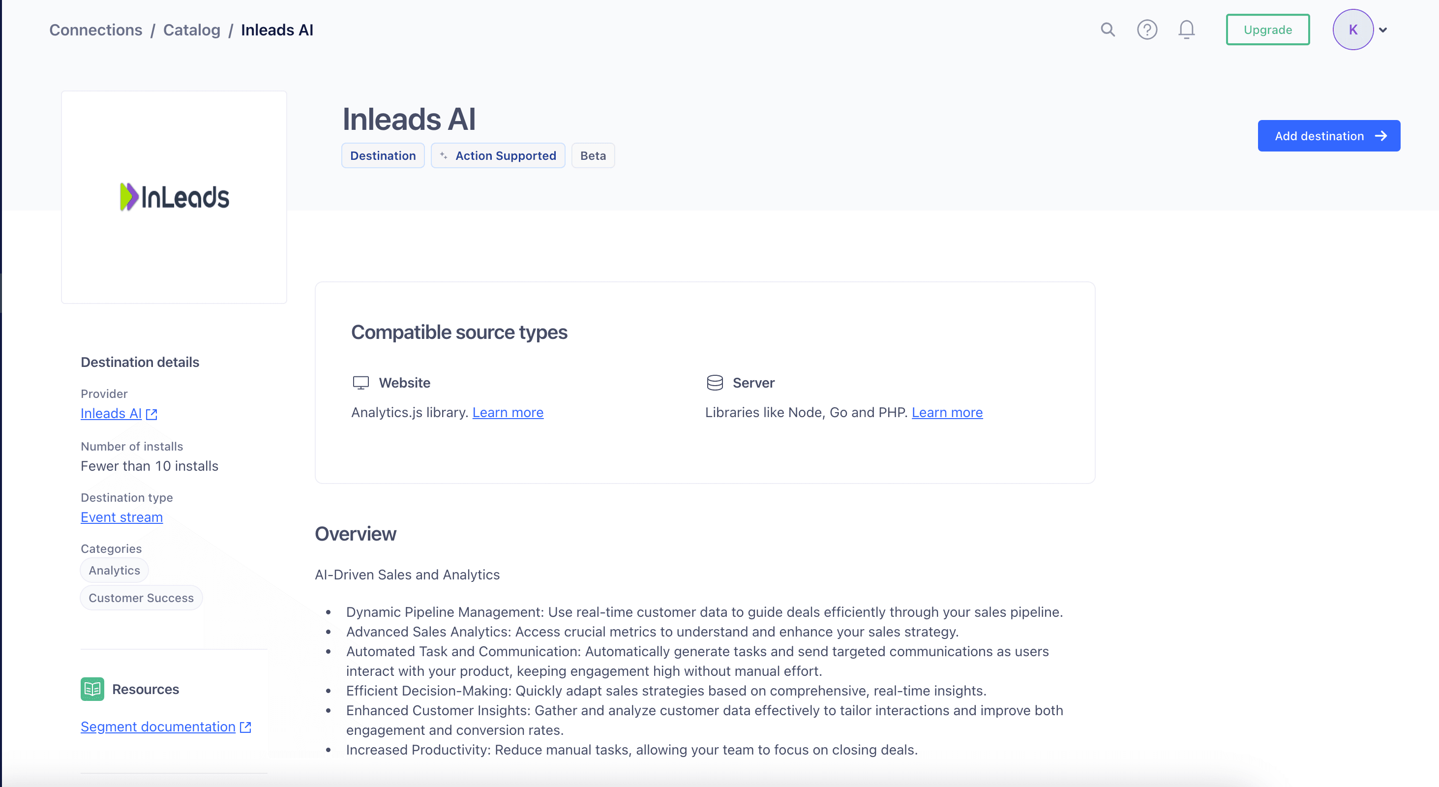 Add Inleads.ai as a Destination